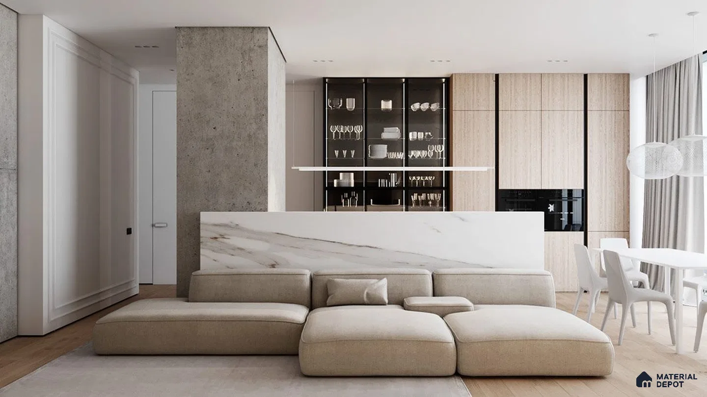 a kitchen with marble counter tops and stainless steel appliances on the wall, along with hanging lights hanging from the ceiling over the ceiling over the wall next to an island in front of a wooden floor and white